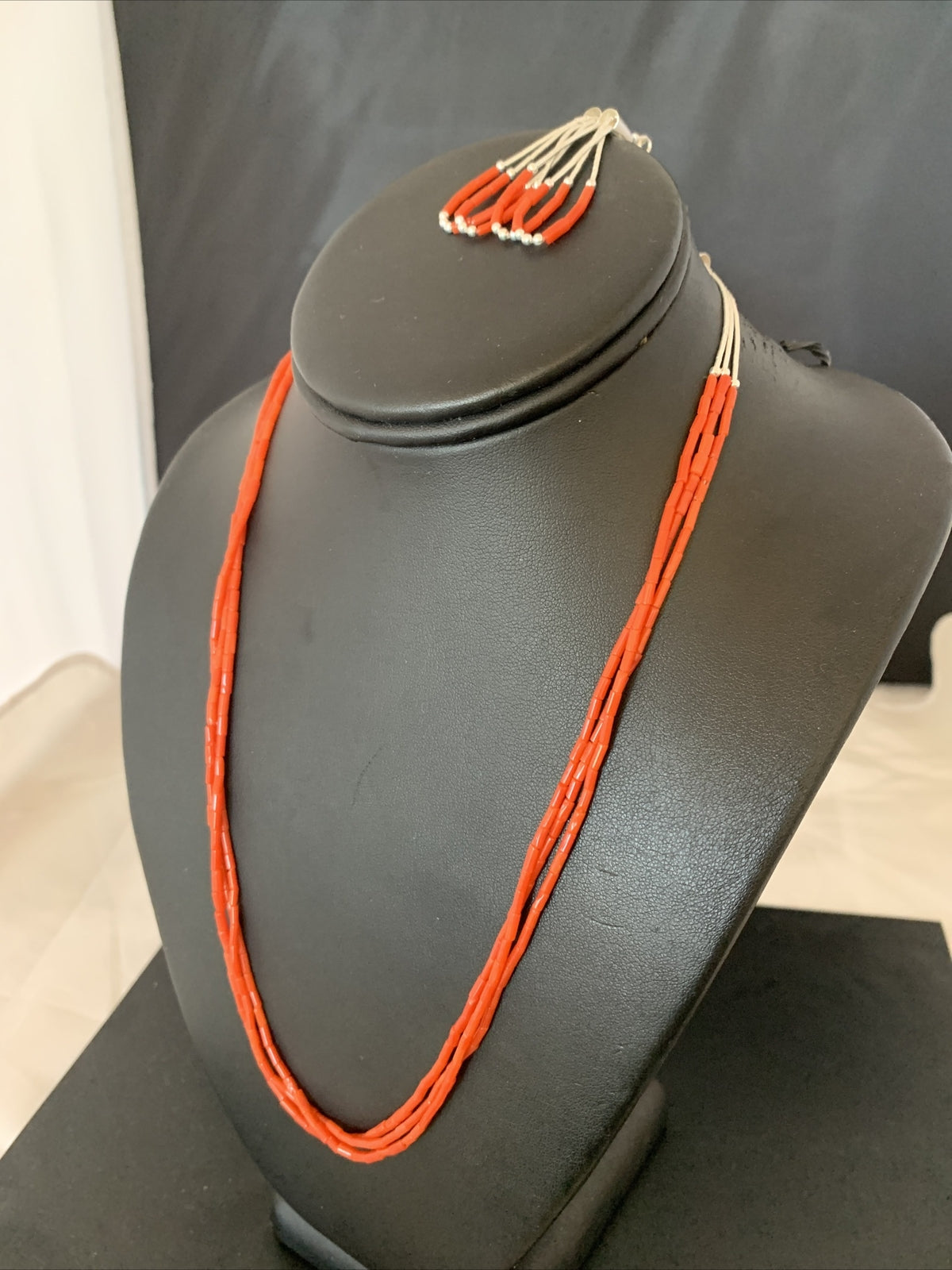 Natural Red Coral Heishi 3 Strands Sterling Silver Earrings & Necklace 20" 01218