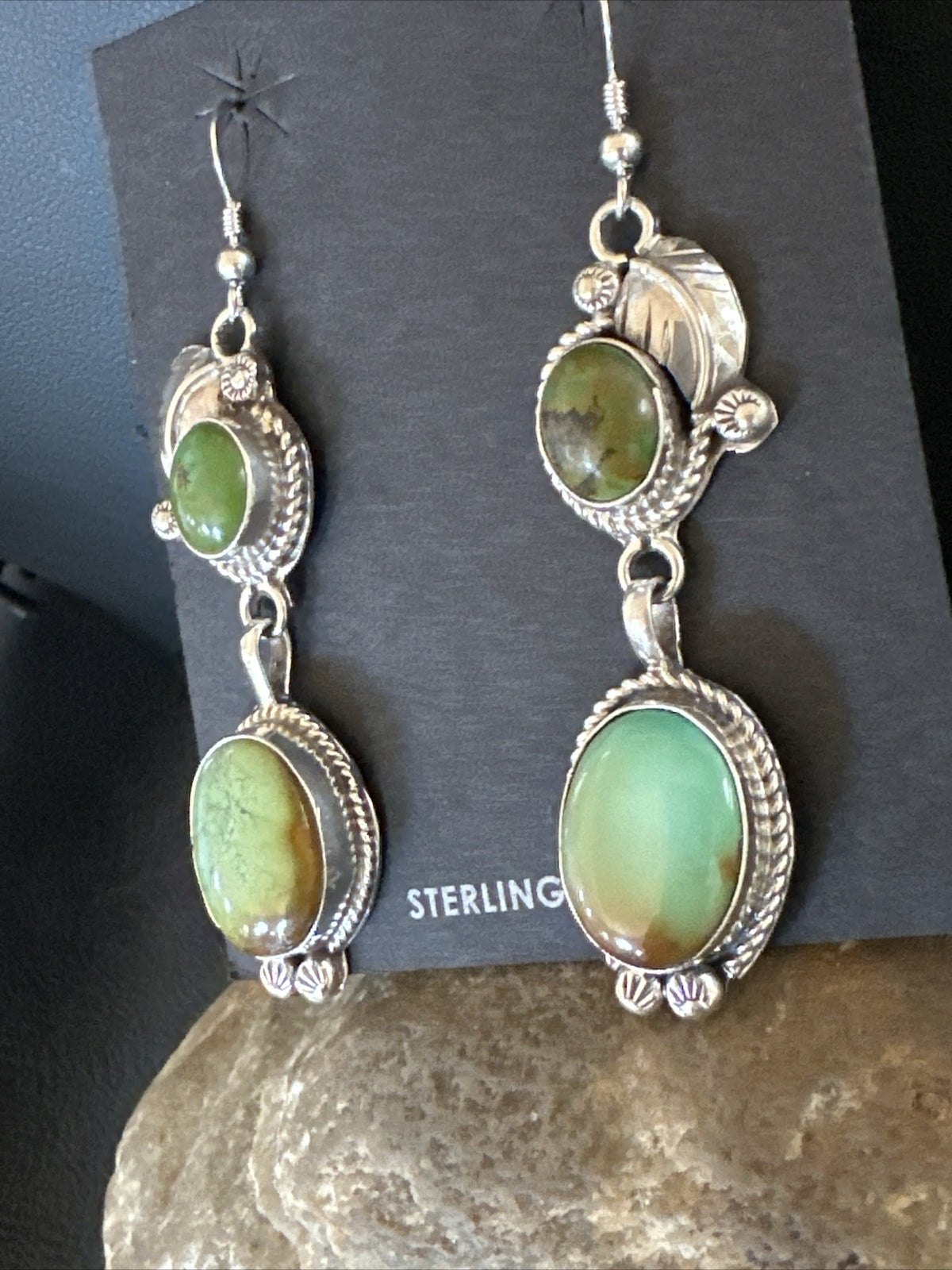 Native Navajo Green Turquoise Sterling Silver Dangle Earrings 2” 17700