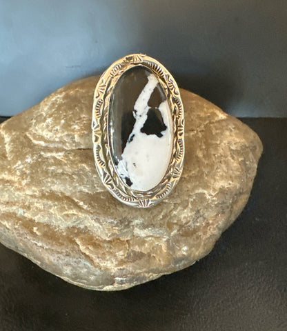 Black White Buffalo Turquoise Navajo Sterling Silver Ring Size 9 19808