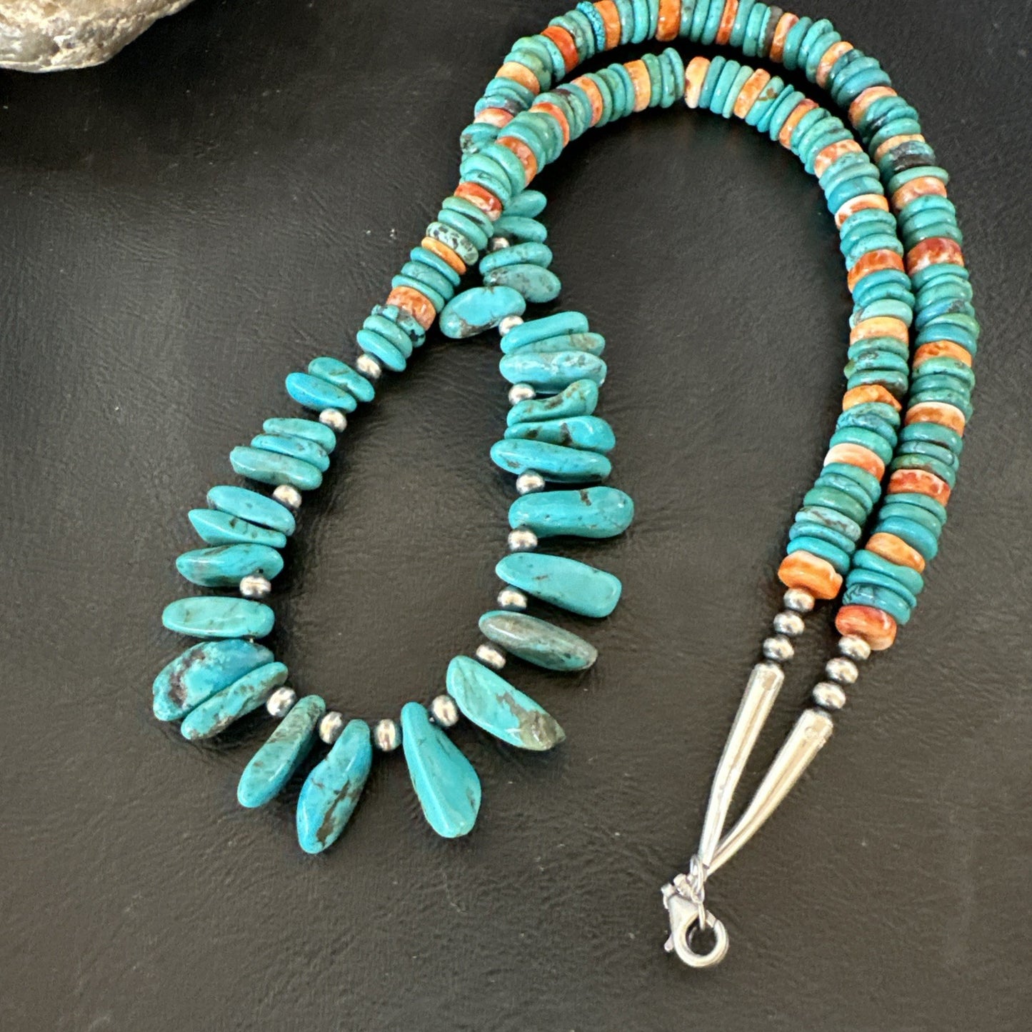 Mens Women Navajo Blue Turquoise Spiny Oyster Necklace Sterling Silver 24” 19506