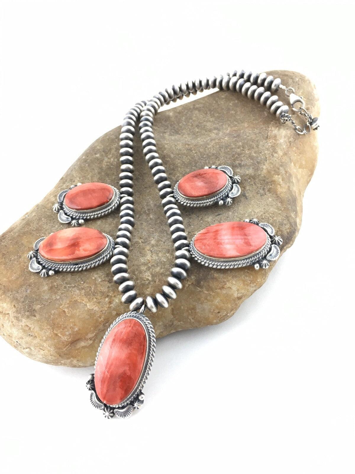 Red Spiny Oyster Pendant Navajo Sterling Silver Squash Necklace 16" 04536