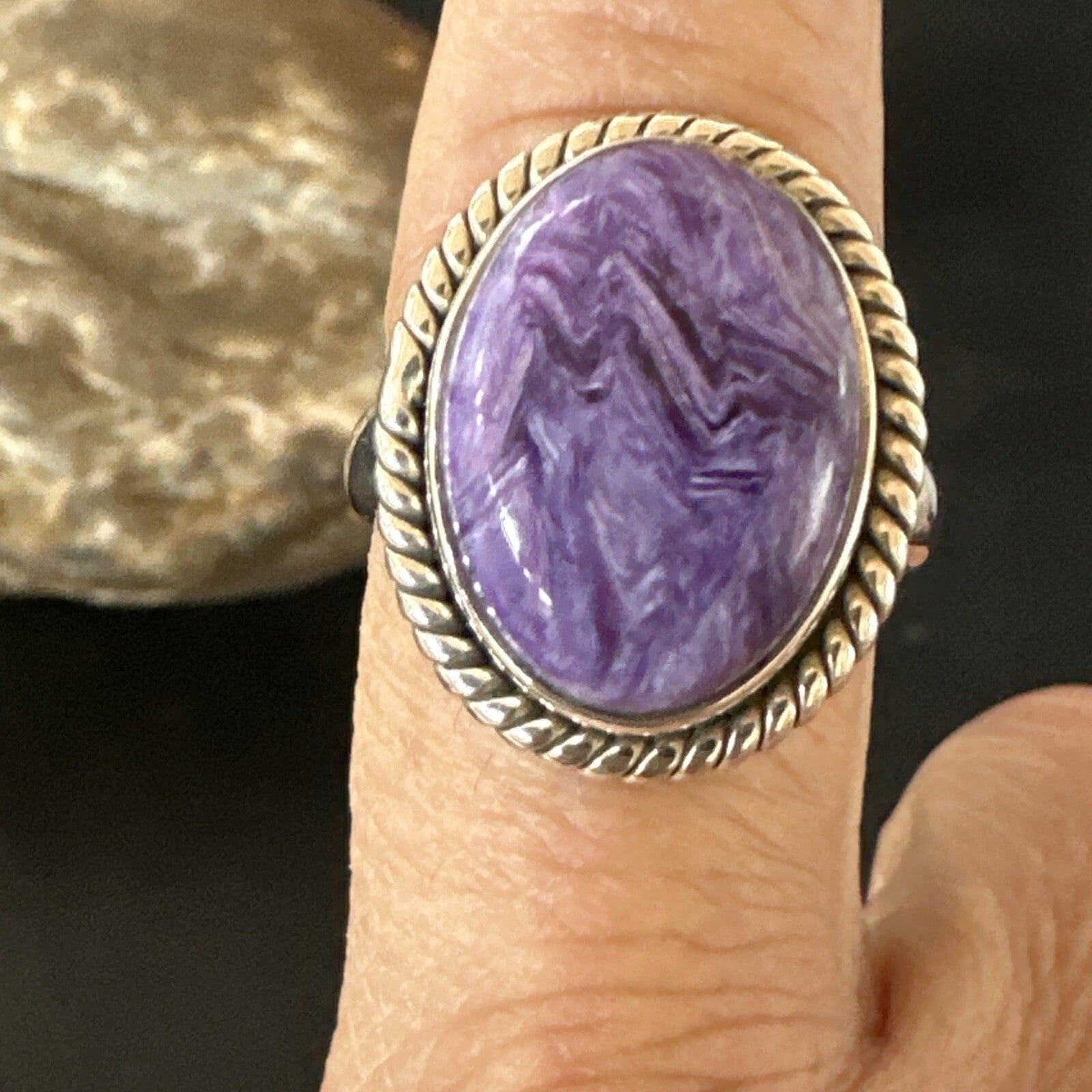 Womens Purple Charoite Navajo Sterling Silver Oval Ring Adjustable Size 9 17246