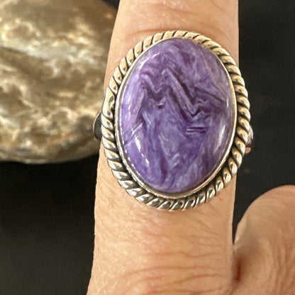 Womens Purple Charoite Navajo Sterling Silver Oval Ring Adjustable Size 9 17246