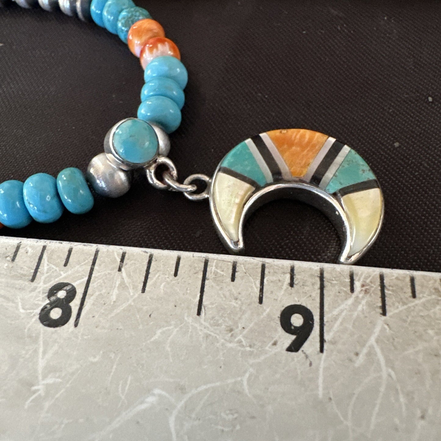 Crescent Multicolor Turquoise Pendant Navajo Sterling Silver Necklace 18731