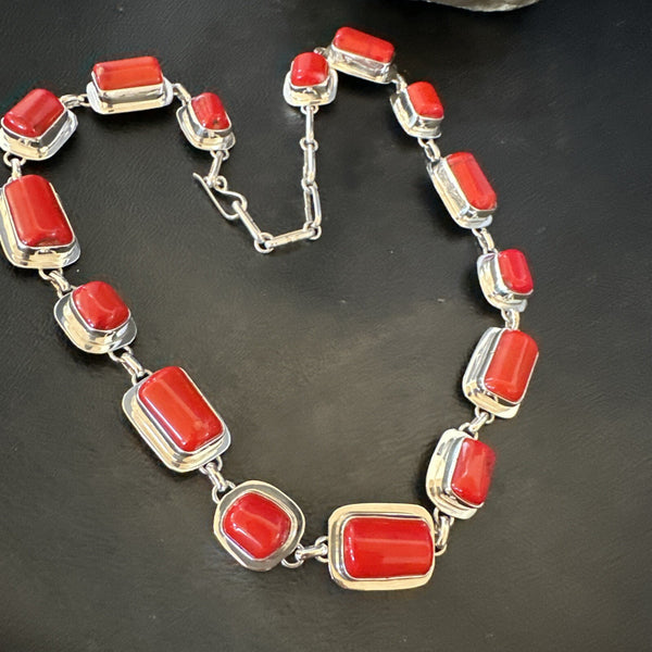 Handmade Women Red Coral Choker Necklace Pendant 20" | Sterling Silver | Authentic Native American Handmade | 18412