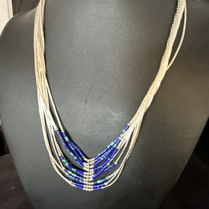 Blue Green Azurite Heishi 10Strand Stabilized Sterling Silver Necklace 18" 15135
