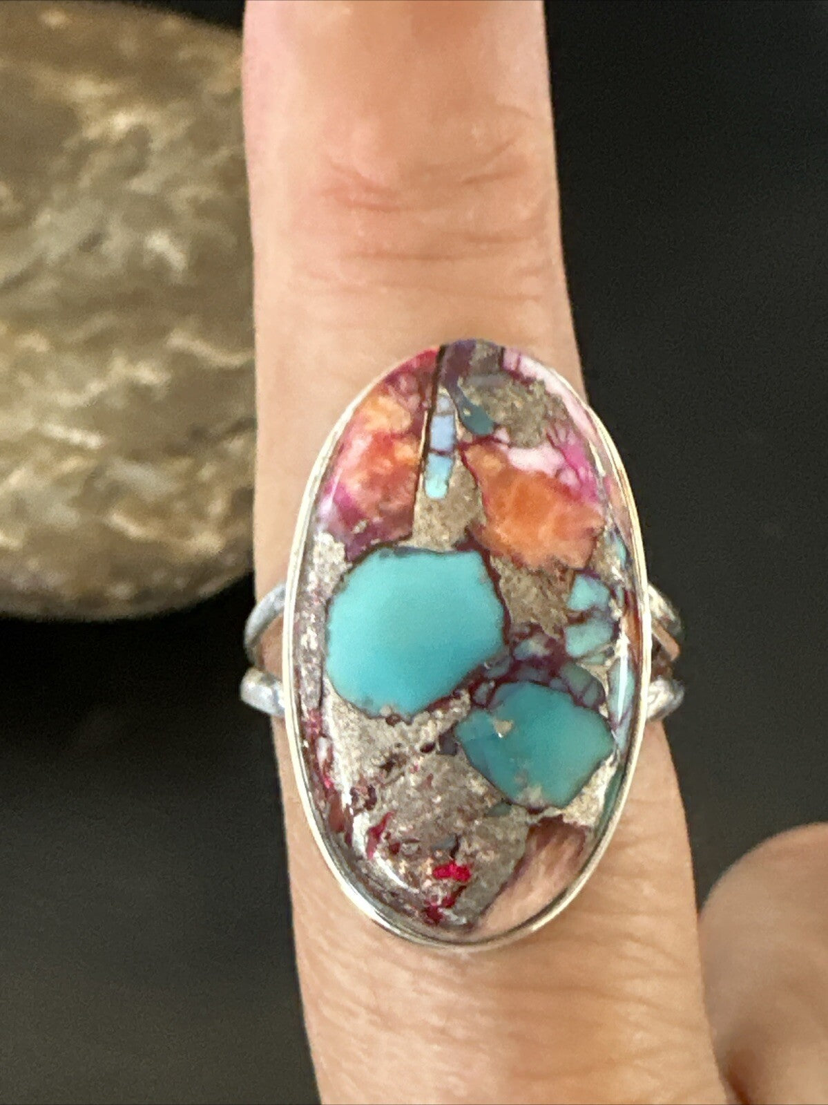 Blue Turquoise Purple Spiny Oyster Navajo Sterling Silver Ring Size 10 18206