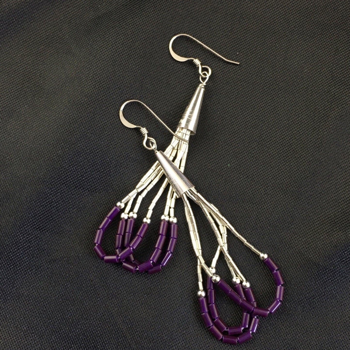 Purple Stone 3 Strands Heishi Liquid Sterling Silver Dangle Earrings 1997