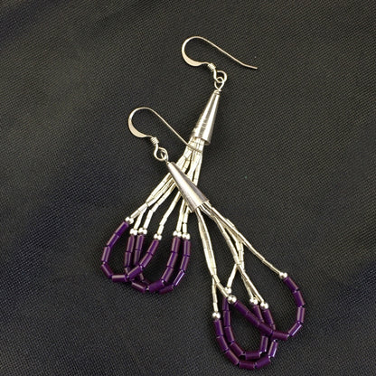 Purple Stone 3 Strands Heishi Liquid Sterling Silver Dangle Earrings 1997