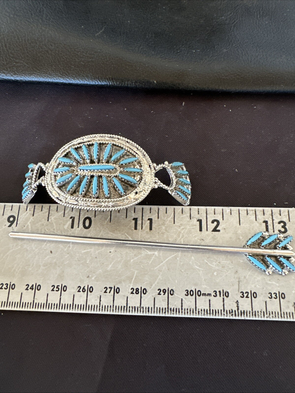 A Zuni Needle Point Sterling Silver Blue Turquoise Hair Barrette 4" 18622
