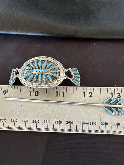 A Zuni Needle Point Sterling Silver Blue Turquoise Hair Barrette 4" 18622