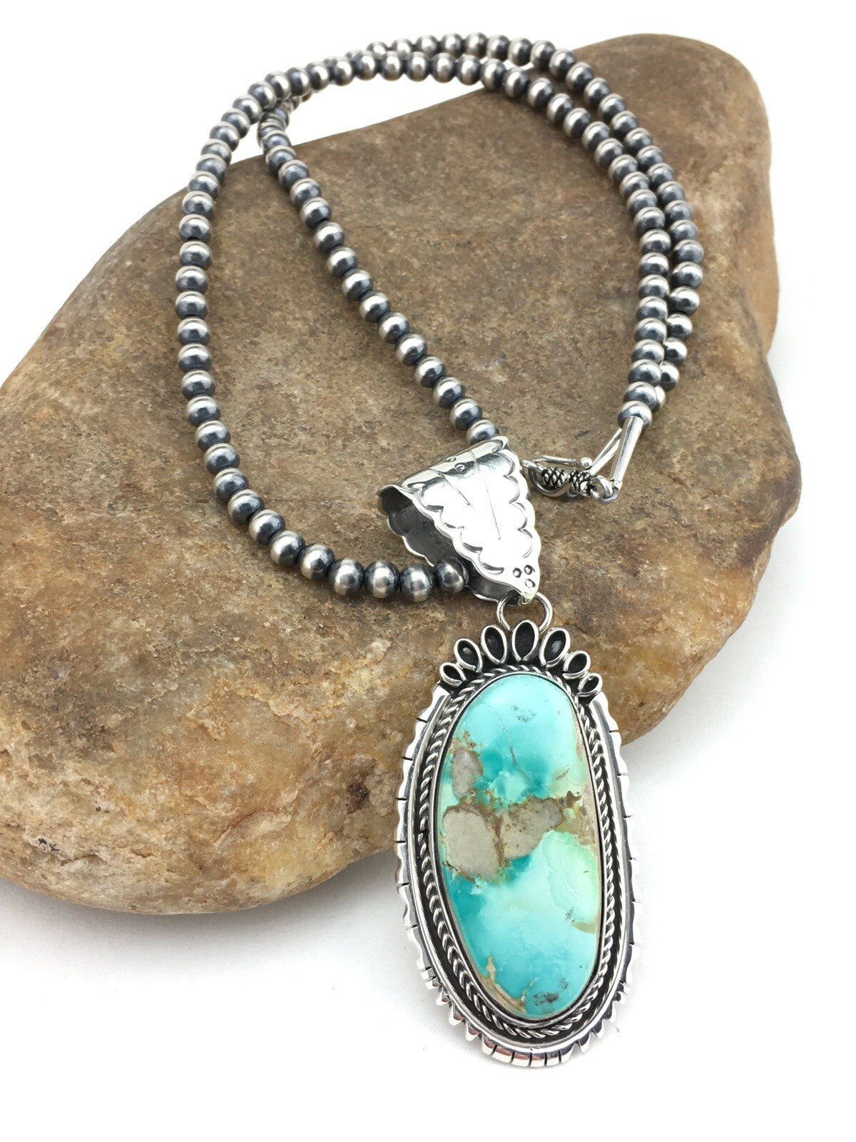 Royston Turquoise Pendant Navajo Pearls Sterling Silver Necklace 4820