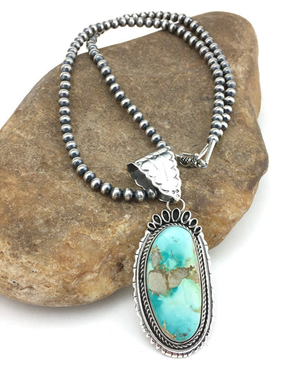 Royston Turquoise Pendant Navajo Pearls Sterling Silver Necklace 4820