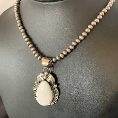 Men White Buffalo Turquoise Pendant Sterling Silver Beads Necklace 12668N