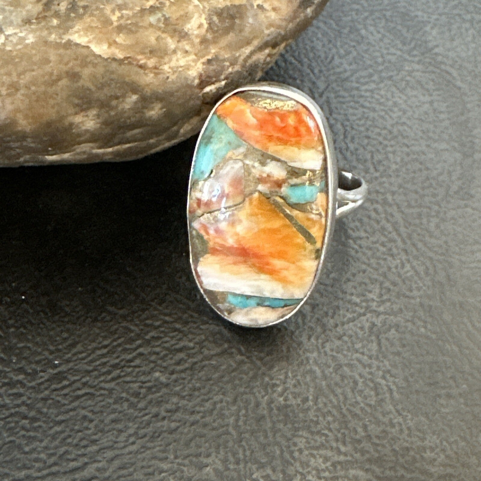 Blue Turquoise Spiny Oyster Navajo Sterling Silver Ring Size 8 18252