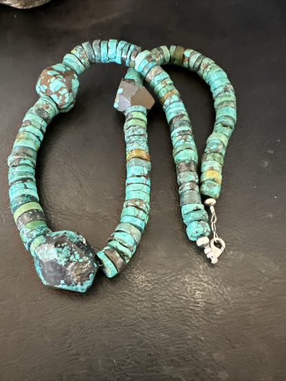 Native Turquoise Nugget Heishi Bead Navajo Sterling Silver Necklace 17745