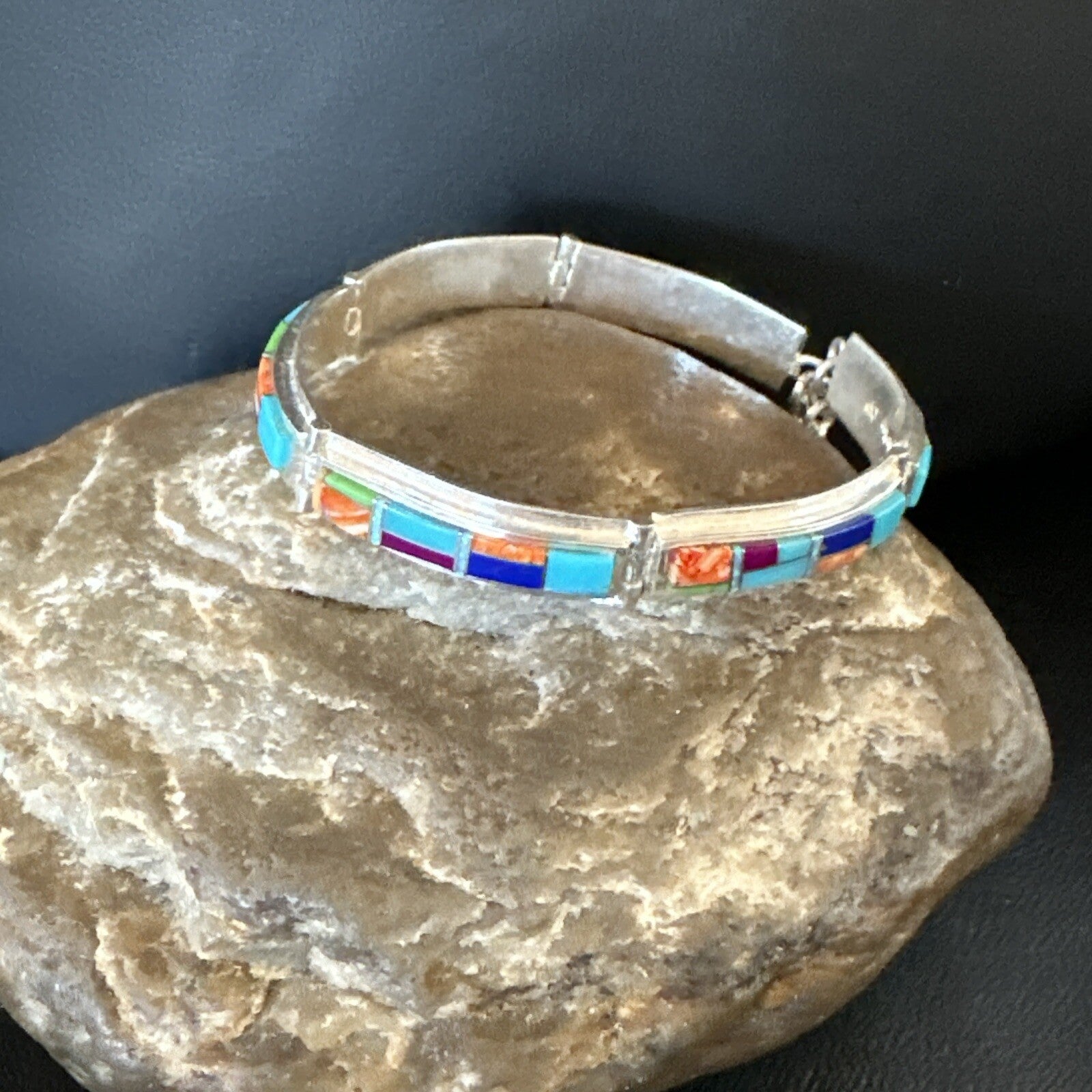Blue Turquoise Spiny Navajo Old Pawn Sterling Silver Inlay Bracelet 7.5" 18127