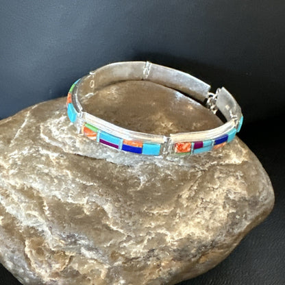 Blue Turquoise Spiny Navajo Old Pawn Sterling Silver Inlay Bracelet 7.5" 18127