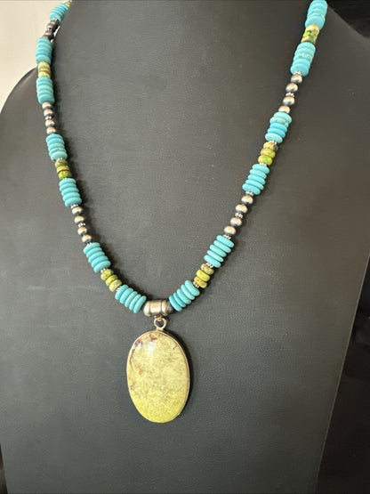 Green Gaspeite Pendant Blue Turquoise Navajo Sterling Silver Necklace 20" 19666