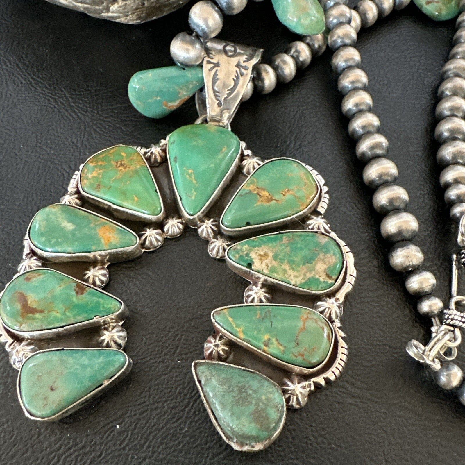 Mens Green Turquoise Naja Pendant Navajo Sterling Silver Necklace 28" 17380