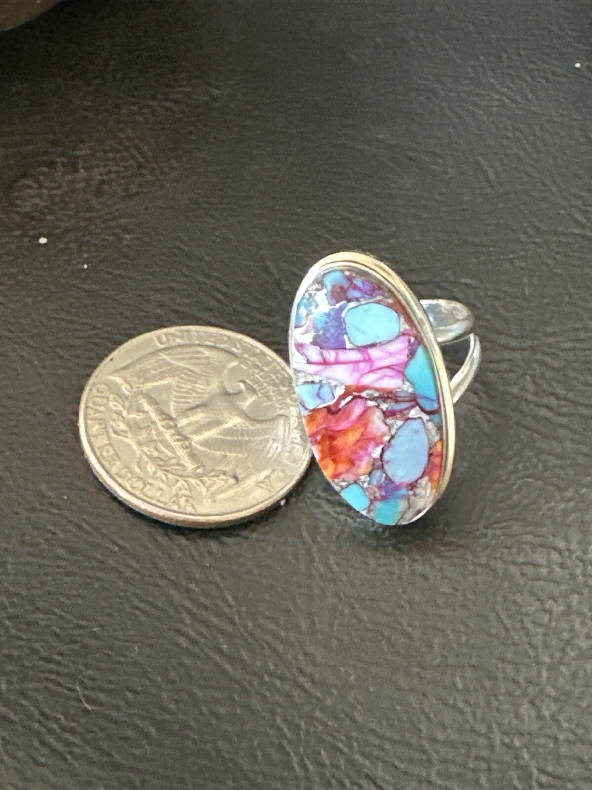 Blue Turquoise Spiny Oyster Southwestern Sterling Silver Ring Size 7 18432