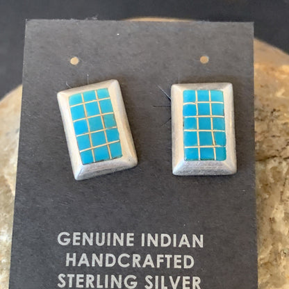 Blue Turquoise Inlay Navajo Sterling Silver Dangle Post Earrings 0.5" 12749