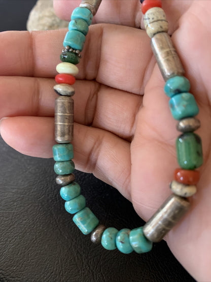 Turquoise Spiny Oyster & Coral Beads Sterling Silver Gold Necklace 10396