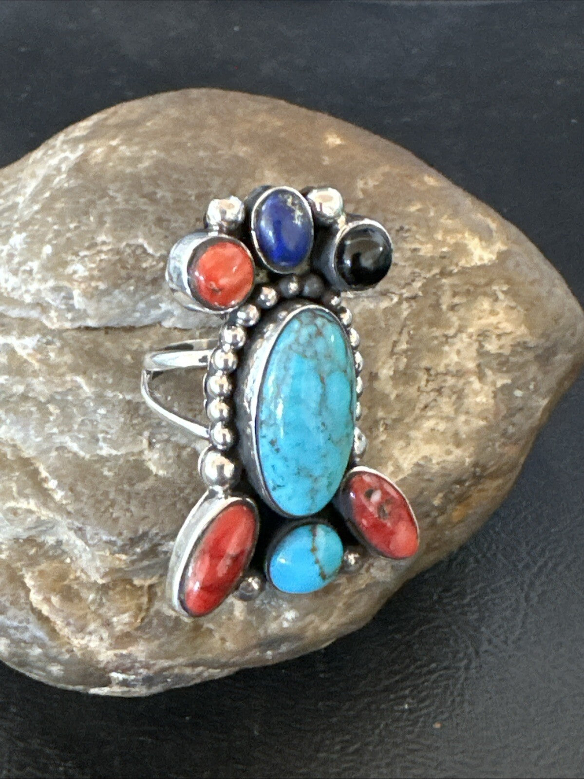 Cluster Blue Turquoise Spiny Oyster Onyx Sterling Silver Ring Size 8 18562