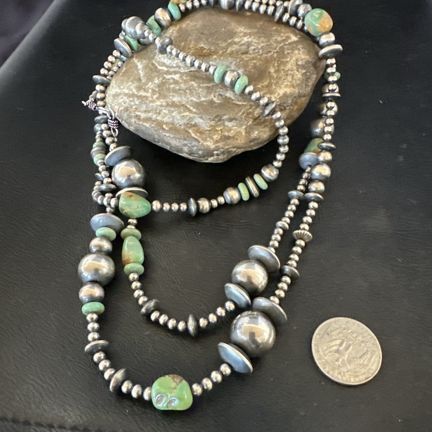 Native Navajo Sterling Silver Beads Green Royston Turquoise 48in Necklace 19116