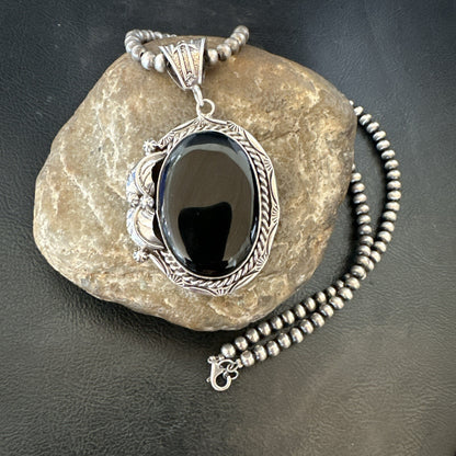 Mens Womens Black Onyx Pendant Navajo Sterling Silver Beads Necklace 18305