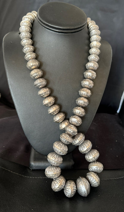 Navajo Pearls Handmade Stamped Graduated Sterling Silver 30" Necklace 16800