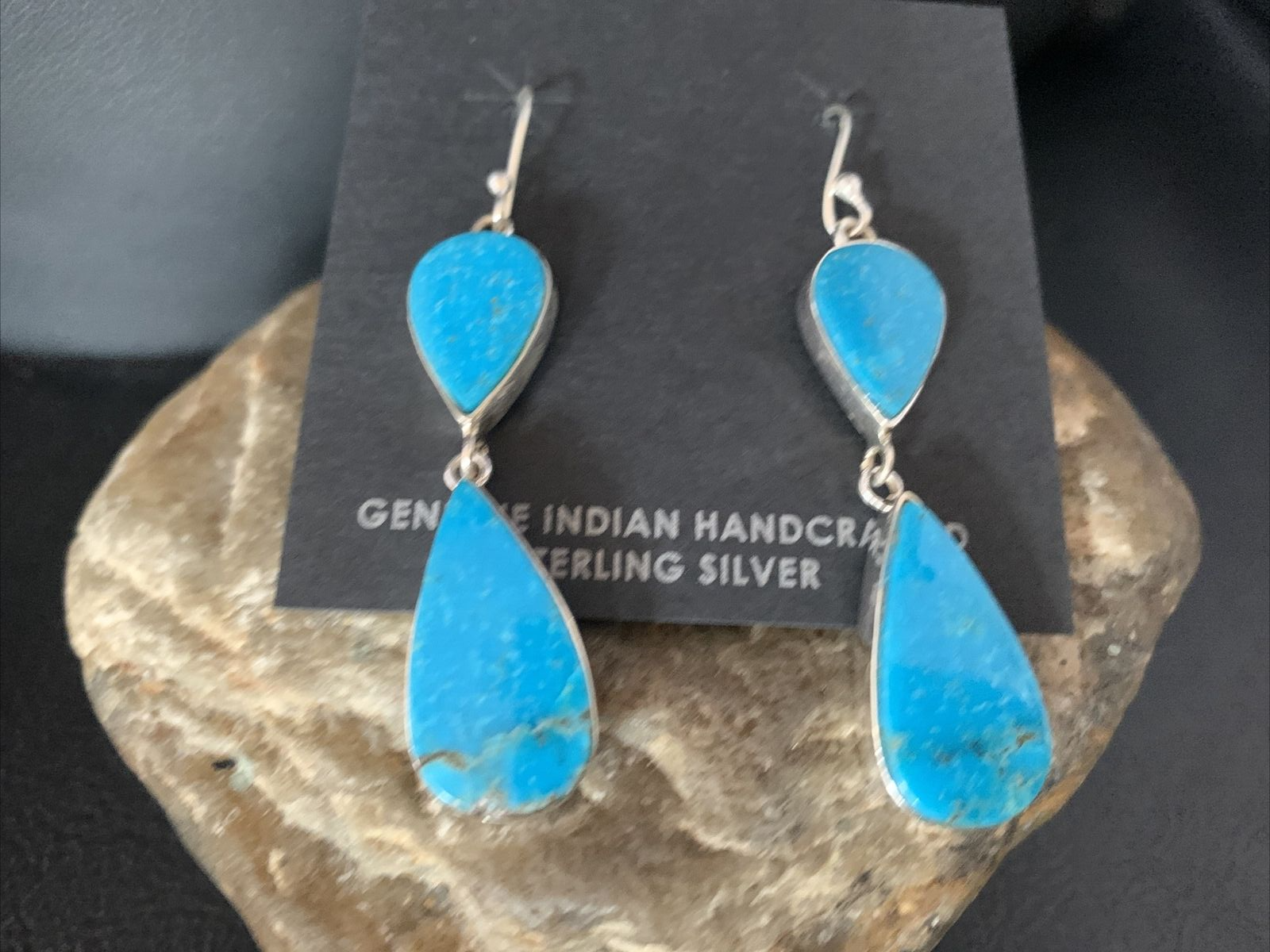 Blue Kingman Turquoise Navajo Sterling Silver Dangle Earrings 1.5" 14080