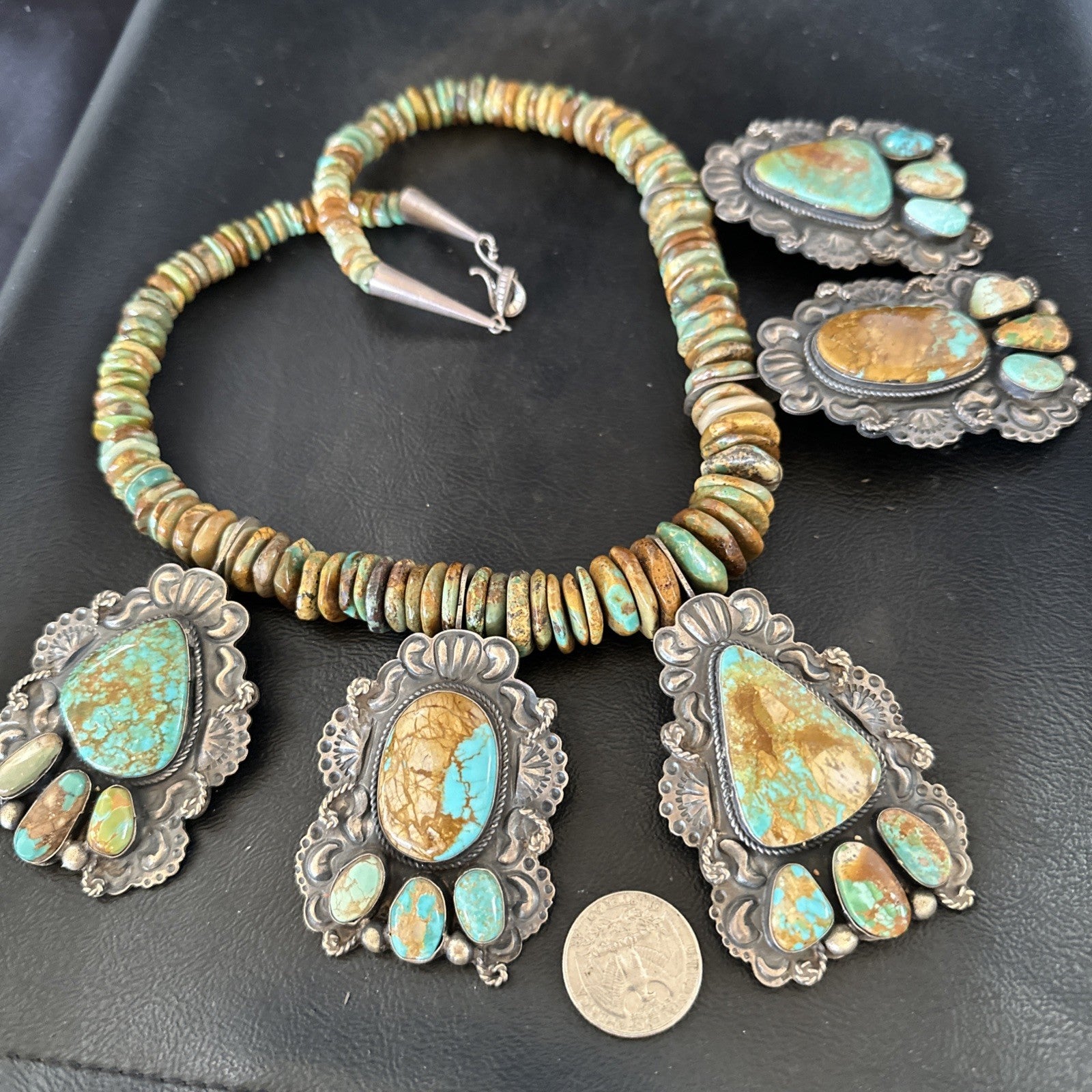 Statement Royston Turquoise Old Pawn 5 Navajo Sterling Silver Necklace 23" 19127