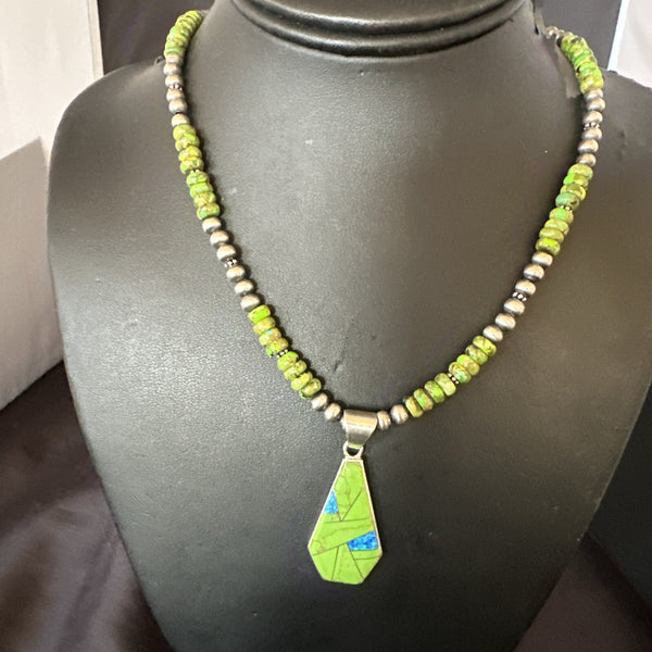 Green Gaspeite Turquoise Pendant Navajo Pearls Necklace | Sterling Silver | Authentic Native American Handmade | 18179