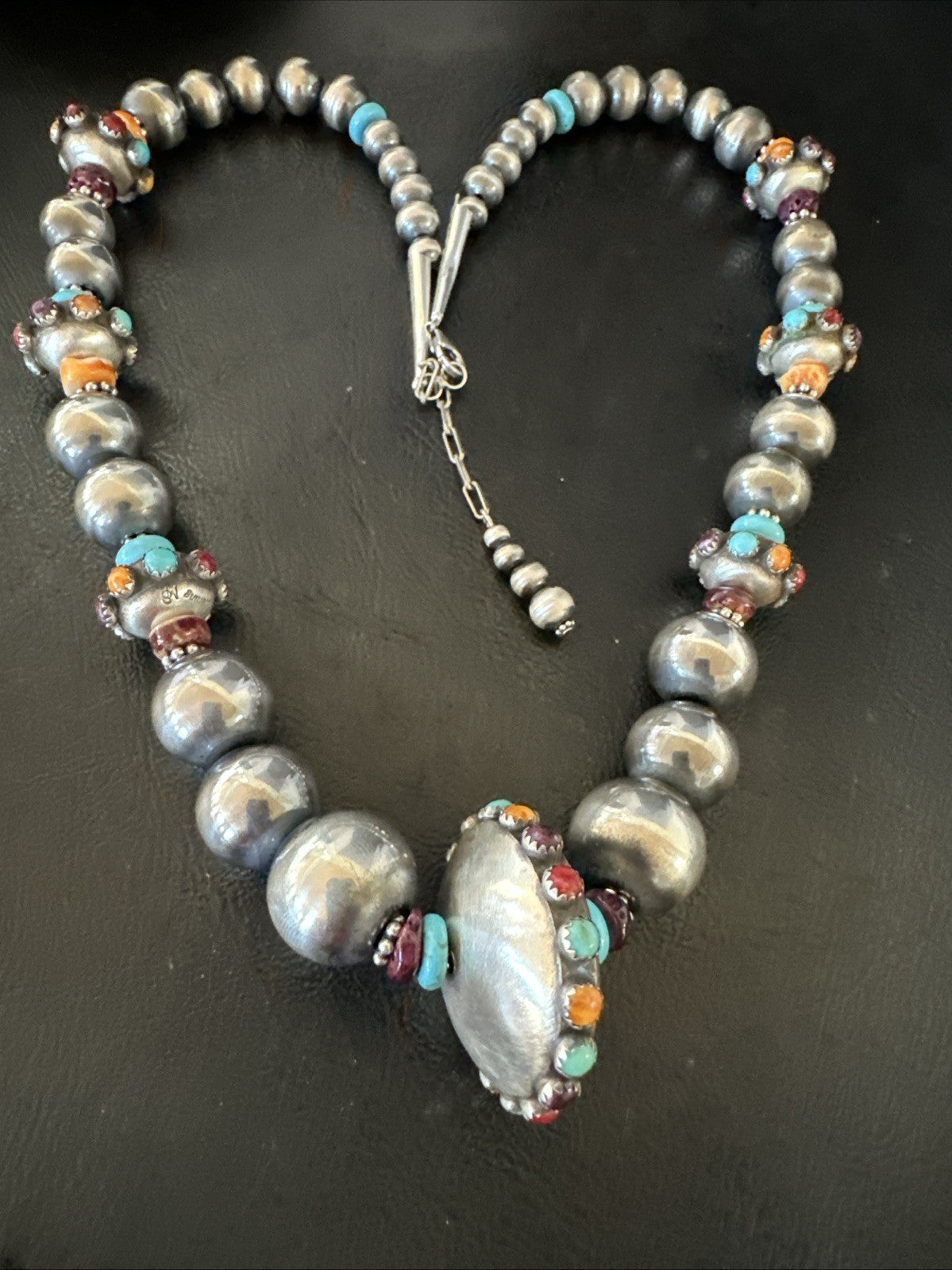 Multicolor Spiny Navajo Pearls Turquoise Sterling Silver Necklace 23” 19447