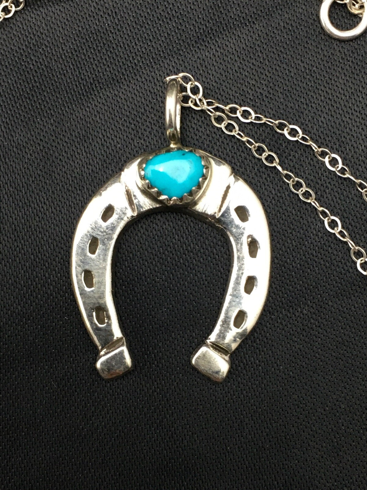 Navajo Sterling Silver Chain Blue Turquoise Naja Necklace Pendant 4466