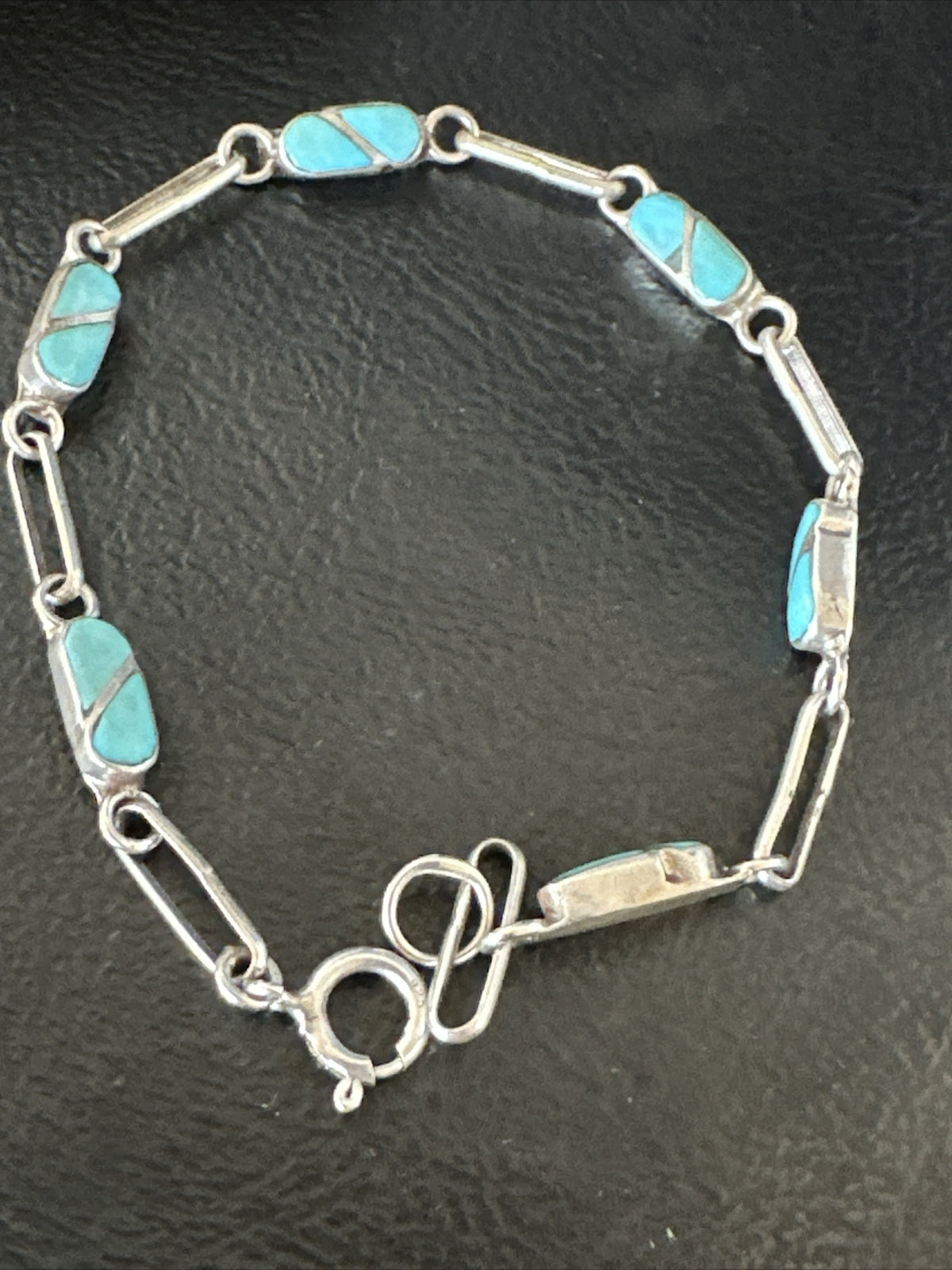 Blue Turquoise Navajo Old Pawn Sterling Silver Inlay Bracelet 7.5” 18152
