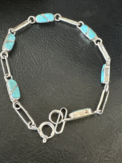 Blue Turquoise Navajo Old Pawn Sterling Silver Inlay Bracelet 7.5” 18152