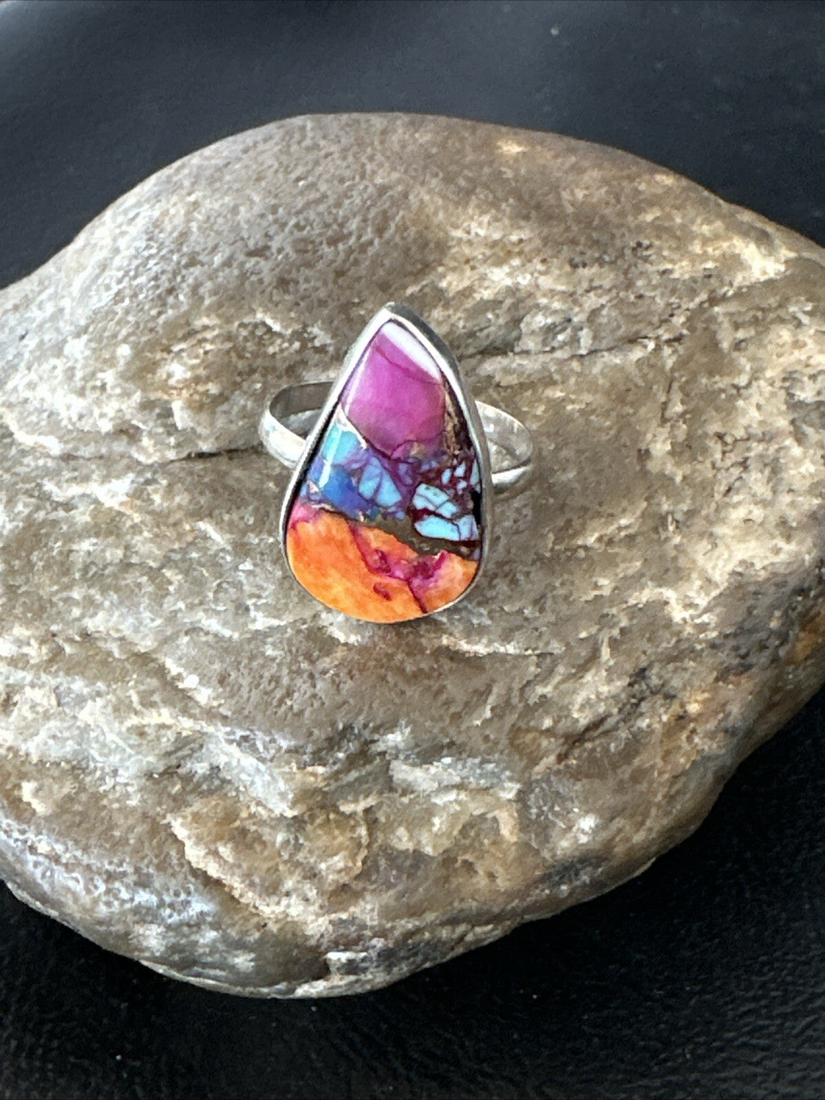 Blue Turquoise Spiny Oyster Southwestern Sterling Silver Ring Size 9 18464