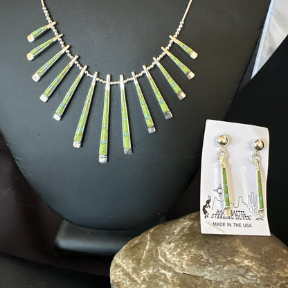 Womens Green Gaspeite Stick Pendant Necklace Earrings Sterling Silver 19151