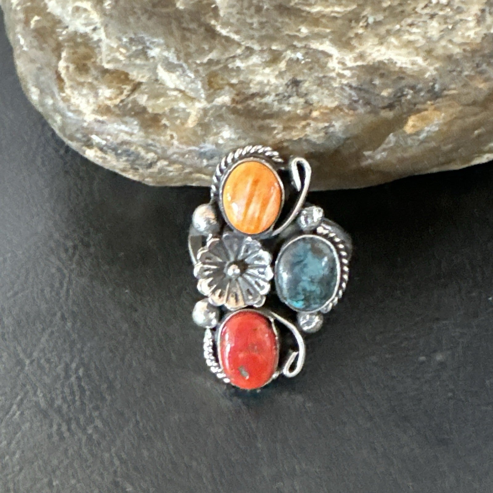 Multicolor Ring Turquoise Coral Spiny Navajo Sterling Silver Cluster Sz 10 19193