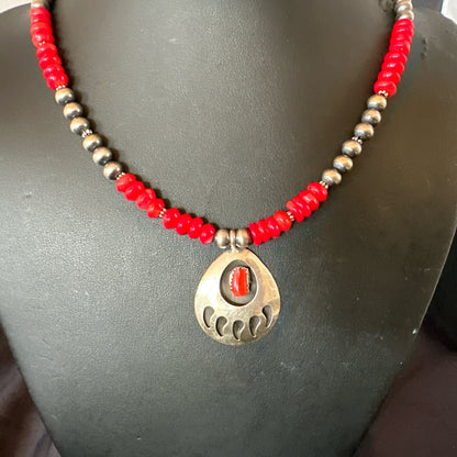 Red Coral BearPaw Inlay Pendant Navajo Pearls Sterling Silver Necklace 21" 18058