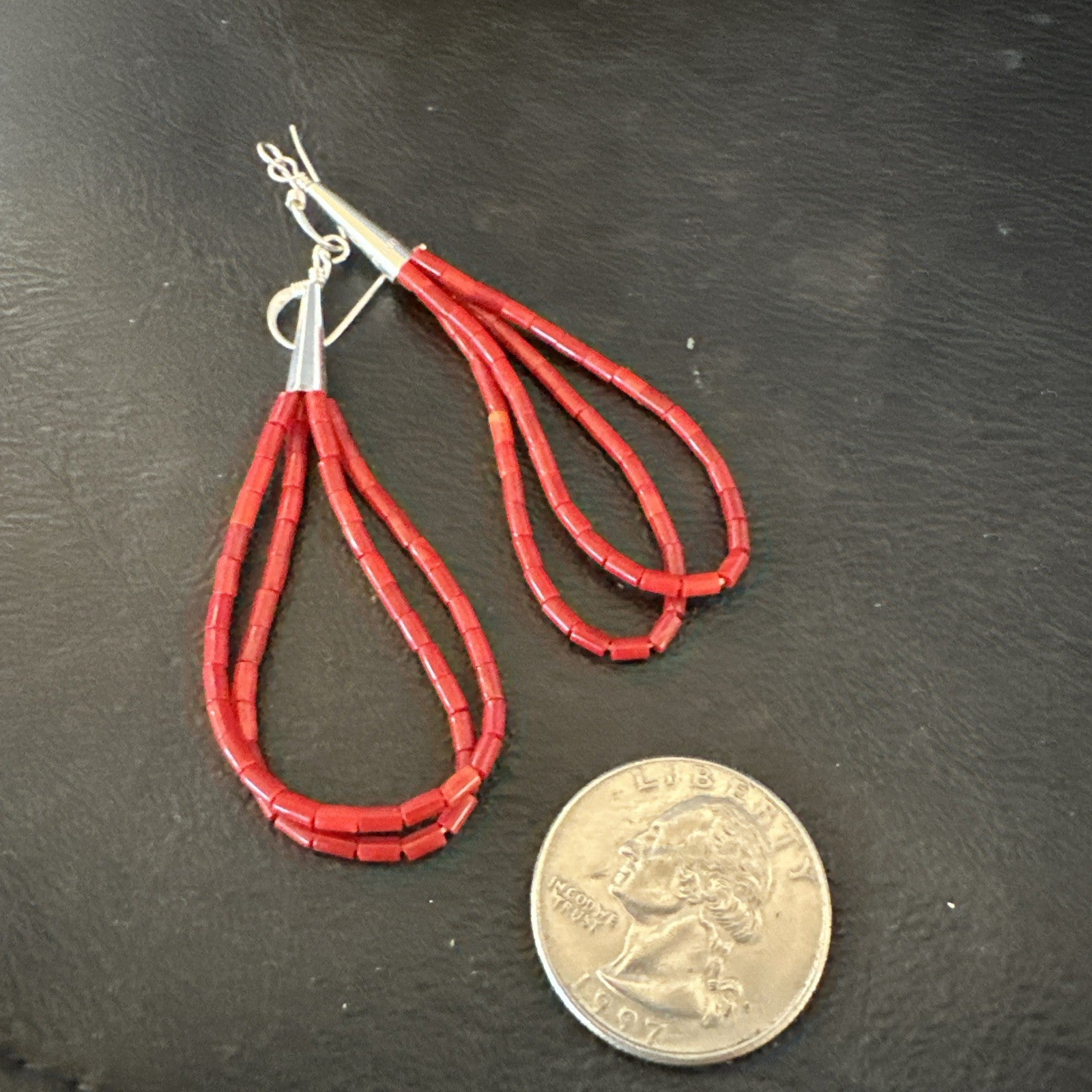 Apple Coral Tube Heishi Dangle Liquid Sterling Silver Earrings 2" 19042