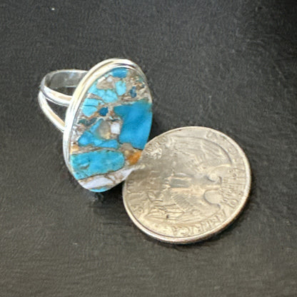 Blue Turquoise Spiny Oyster Southwestern Sterling Silver Ring Size 9 18538
