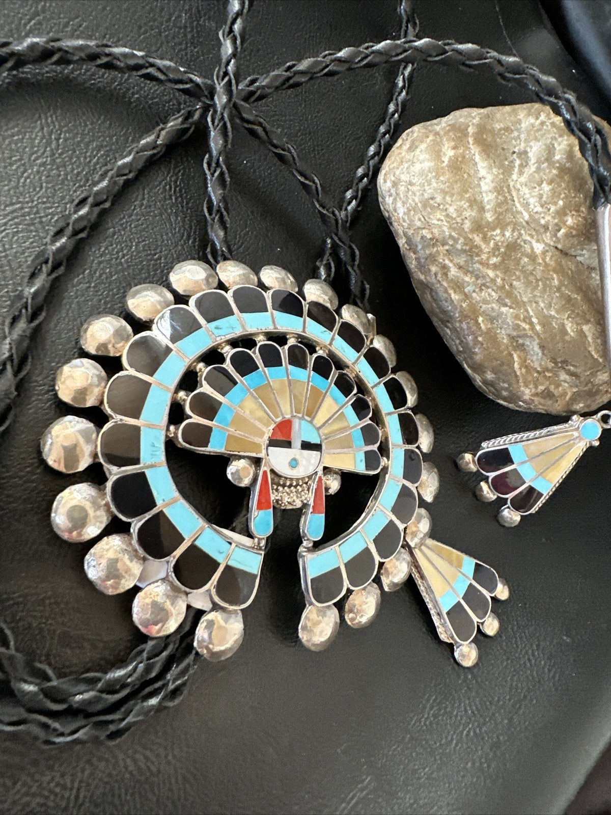 Mens Bolo Tie Zuni Sunface Kingman Turquoise Onyx Inlay Sterling Silver 18142