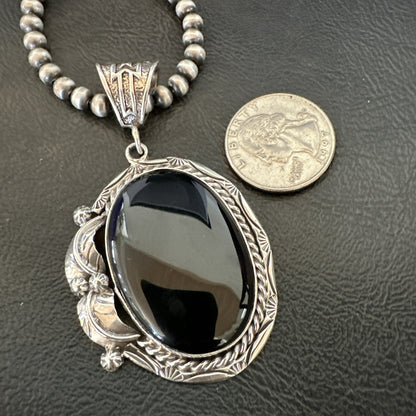 Mens Womens Black Onyx Pendant Navajo Sterling Silver Beads Necklace 18305