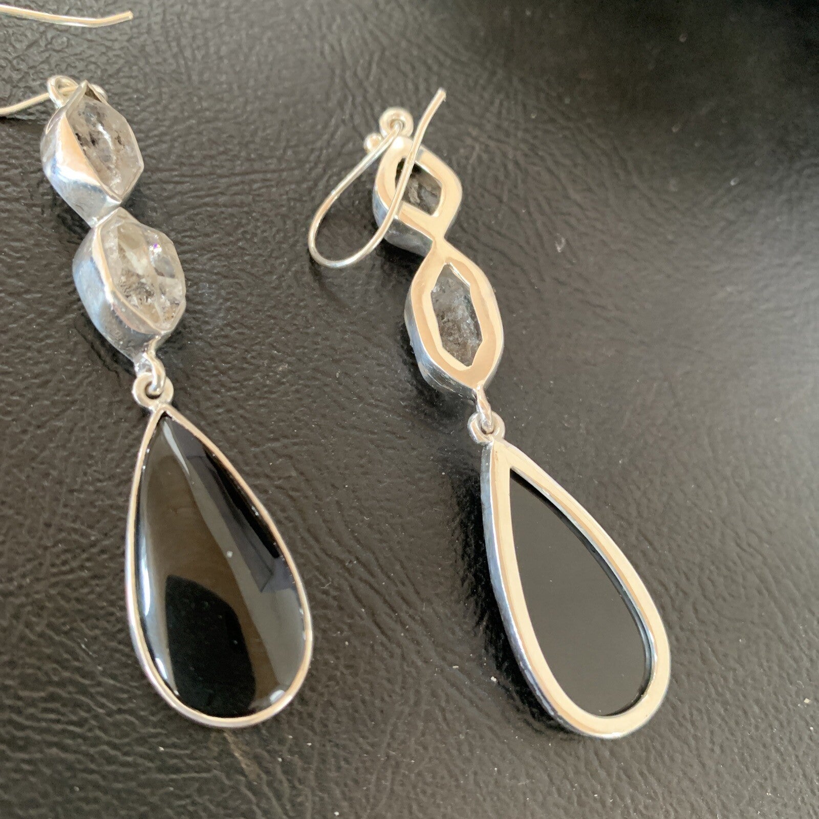 Black Onyx & Quartz Navajo Sterling Silver Dangle Earring 2" 12086