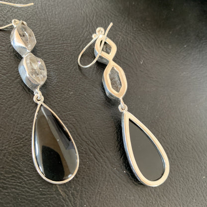 Black Onyx & Quartz Navajo Sterling Silver Dangle Earring 2" 12086