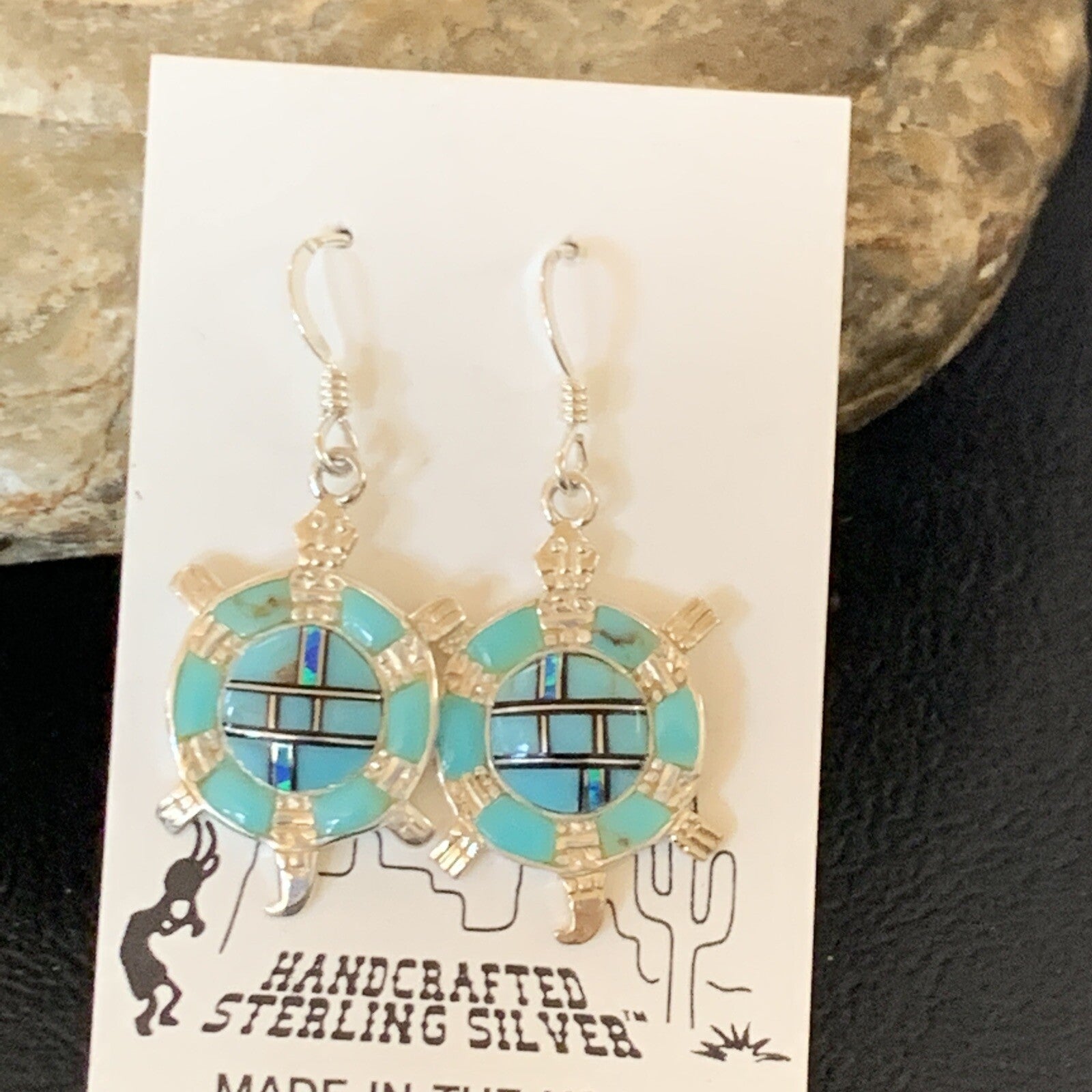 Turquoise & Opal Navajo Sterling Silver Inlay Turtle Earrings 0.5" 12015