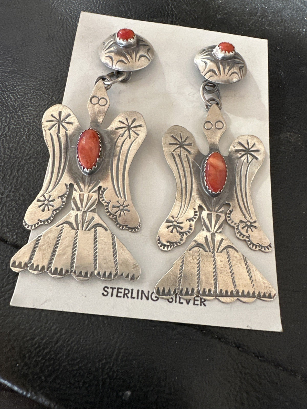 Thunderbird Navajo Womens Stamped Spiny Dangle Earrings Sterling Silver 19787